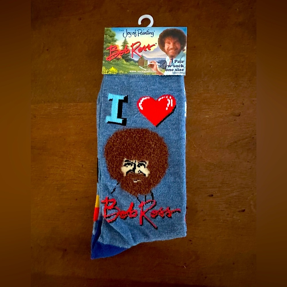 Bob Ross Joy of Painting Happy Mountain crew socks